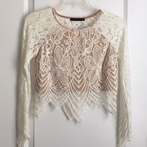 SOLD! Two-piece nude mesh/ white lace outfit